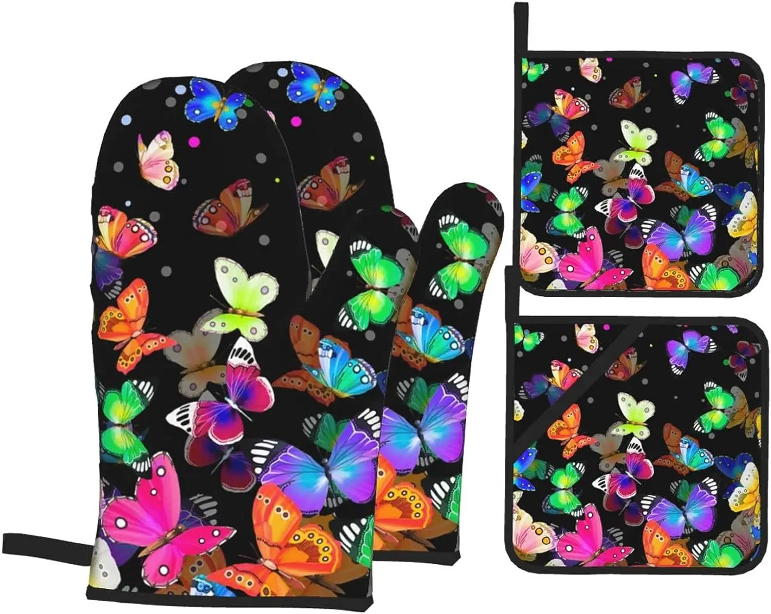 

Colorful Butterfly Oven Mitts and Pot Holders Sets of 4 Heat Resistant Kitchen Microwave Gloves and Pot Pads Non-Slip