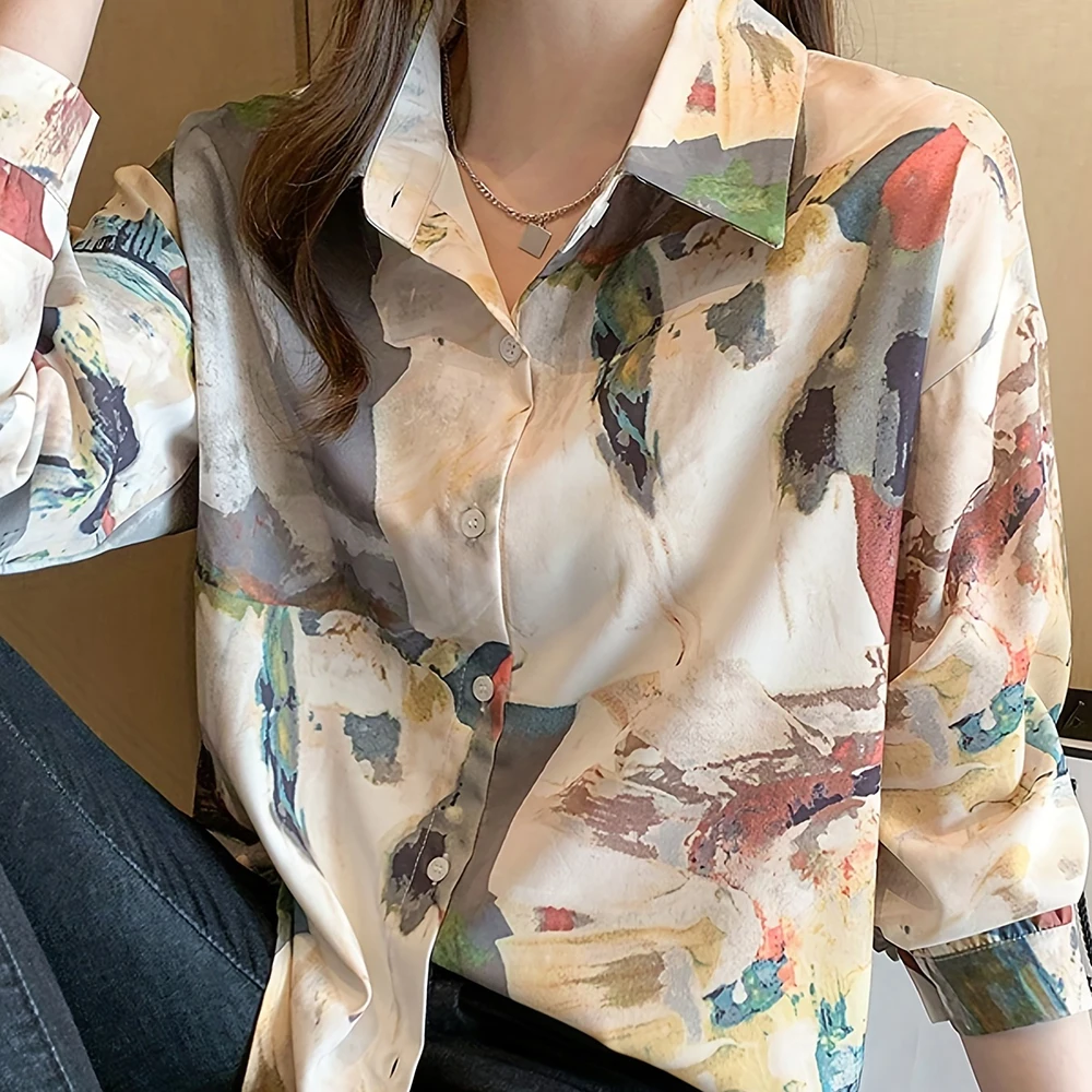 Women Simple Shirt Women Plus-Size Lapel Button-Up Shirt Hawaiian Vacation Casual Top Graffiti Floral Print Long-Sleeved Shirt