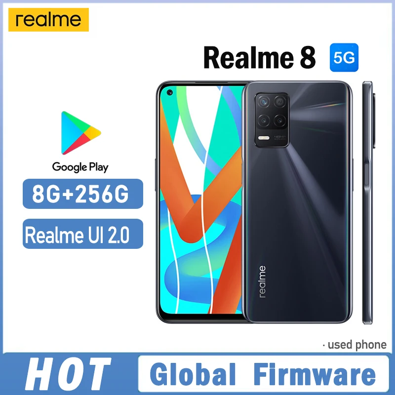 هاتف OPPO Realme 8 5G الذكي البرامج الثابتة العالمية MTk Dimensity 700 Realme UI 2.0 6.5 "8GB 256GB 48MP + 8MP هاتف مستعمل