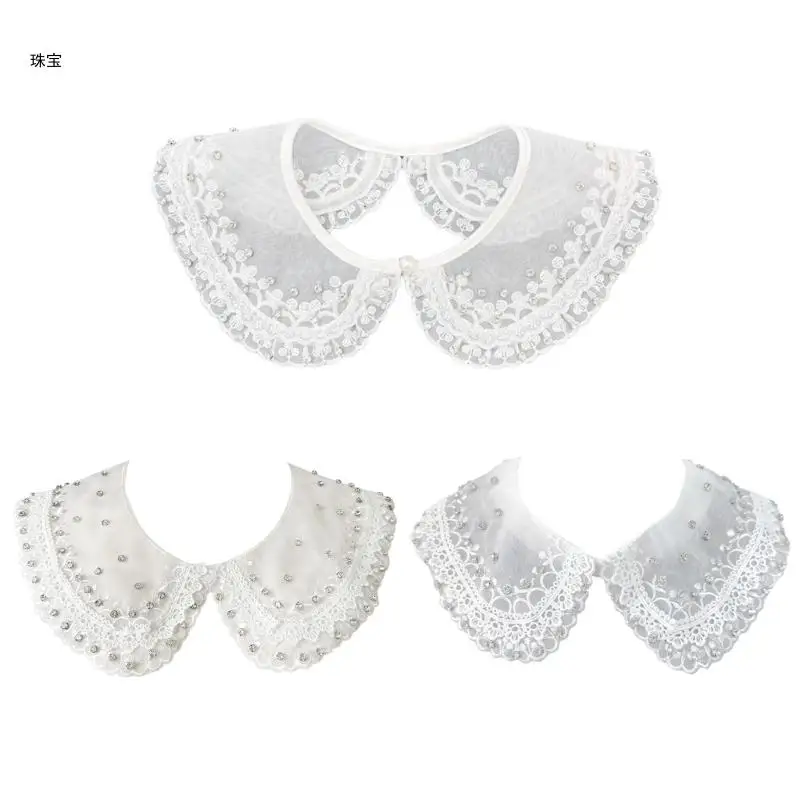 

X5QE Classical White Lace Trim Organza Faux Collar with Elegant Rhinestones Details