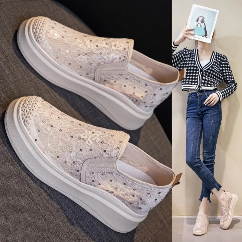 Fujin 7cm New Air Mesh Lace Hidden Heels Women Summer Shoes Platform Fashion Wedge Heel Chunky Sneakers Summer Breathable Ladies