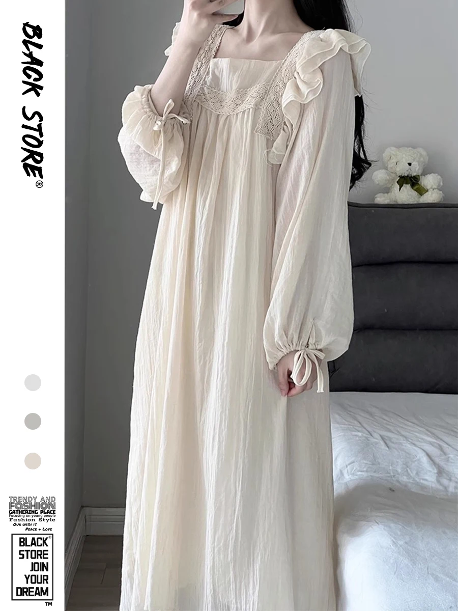 Cotton and Linen Long Sleeves Nightdress Pajamas Women's Spring and Autumn New Arrival Princess Sle Mid Length Long Length ...