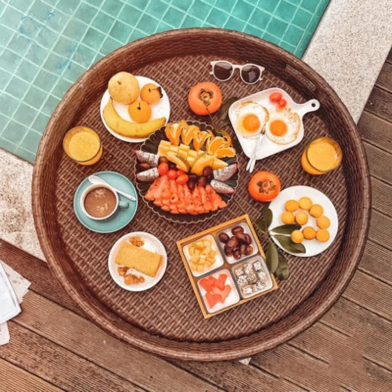 Outdoor Bali Pool Floating Breakfast Tray Water Rattan Basket Hotel Bed and Breakfast Creative Rattan Tray