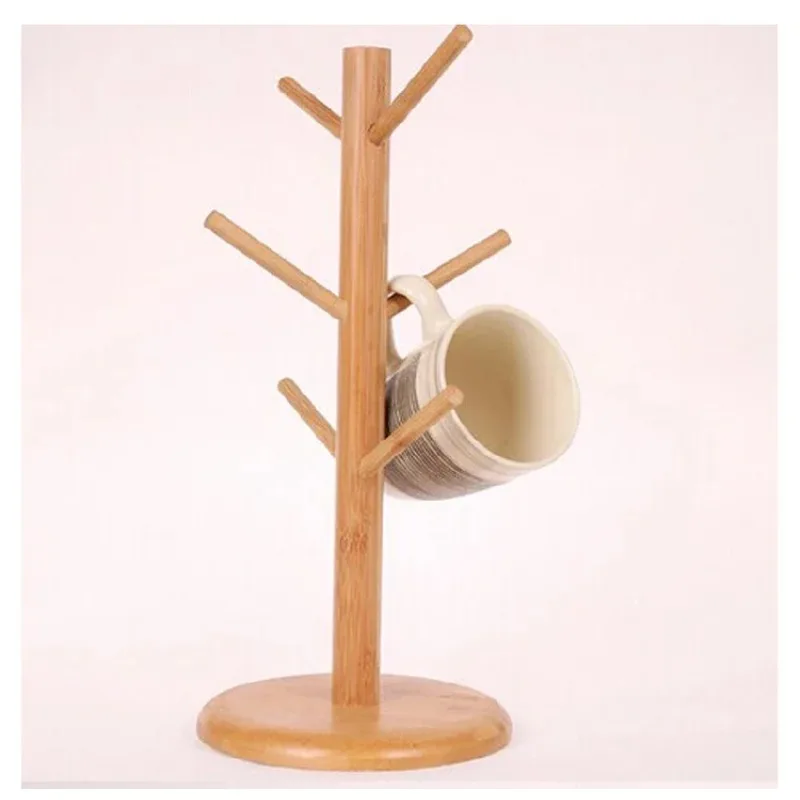 Tree Shape Wood Coffee Tea Cup Storage Holder Stand, Mug Hanging Display Rack, Drinkware Shelf, 6 Hooks, Home Kitchen, 1 Set