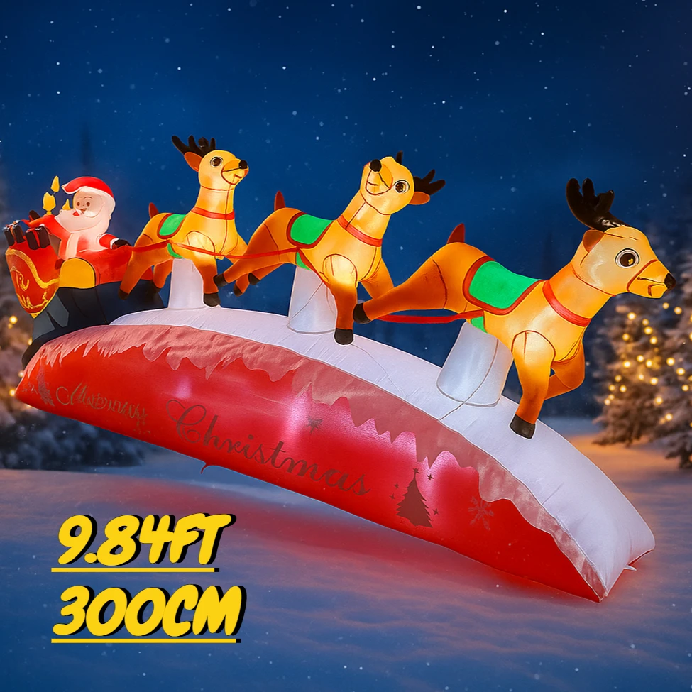 Brinquedo inflável de 9,84 pés, papai noel, trenó, rena, decoração de quintal de natal, suprimentos de natal, decorações de quintal infláveis