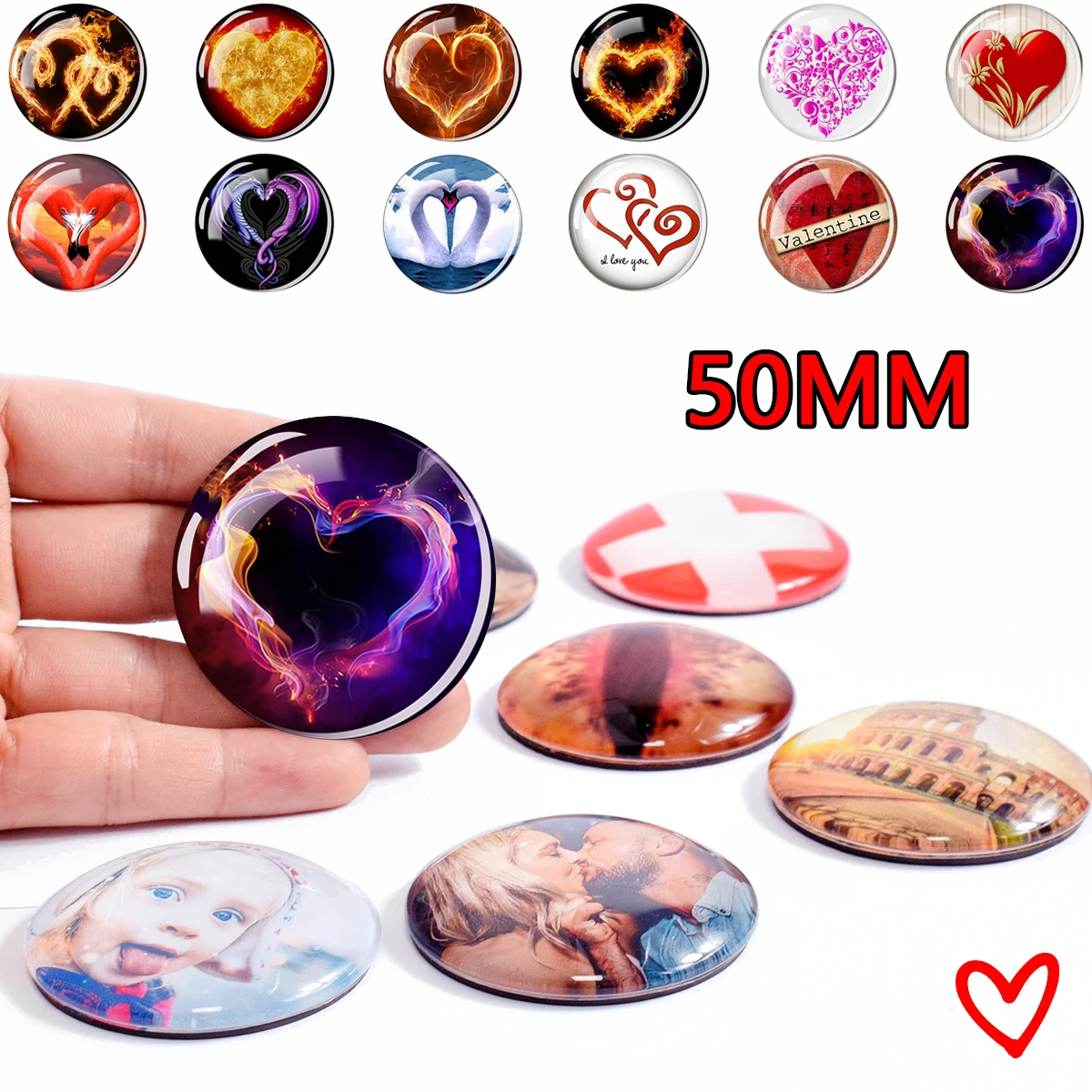 

50MM Creative Love Heart Fridge Magnet Paste Heart Pattern Glass Cabochon Refrigerator Magnet Refrigerator House Decor Love Gift