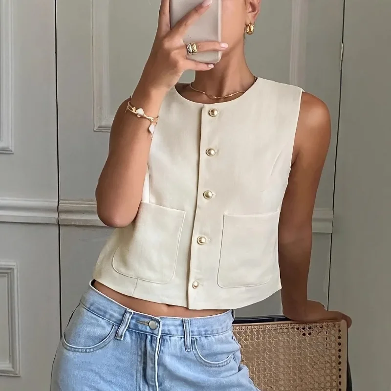 

Single Breated Tanks Women Summer Sleeveless Office Lady Casual Buttons Vest Camisole Cropped Tops T Shirt Vintage Tee French