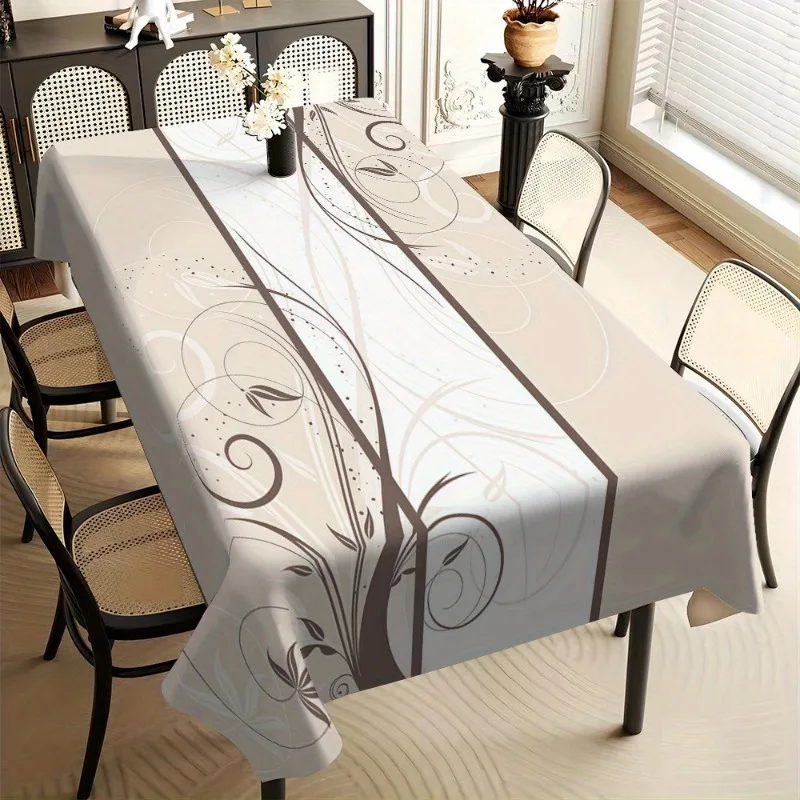 1pc Elegant Vine Print Tablecloth - Cream and Beige Rectangular Table Cover with Artistic Style
