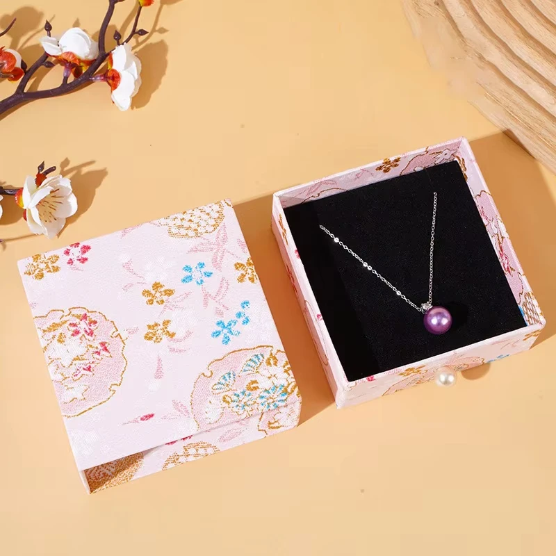 Traditional Brocade Jewelry Box with Gift Bag, Drawer Style Velvet Lined Jewelry Storage for Rings, Wedding Favor Gift Box