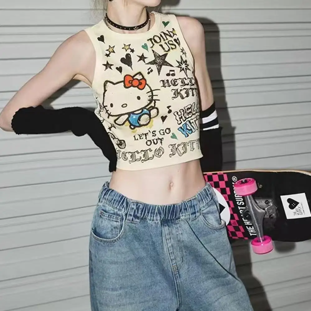 

Y2K популярный жилет без рукавов с героями мультфильмов «Hello Kitty» для девочек, кавайный жилет, футболка Sanrio, хлопок, аниме, тонкая летняя короткая одежда, уличная одежда