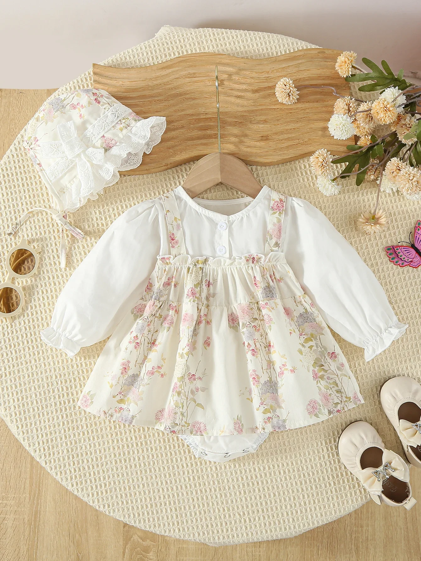 0-2Y New Baby Girls Bodysuit Sweet Floral Long Sleeve Dress with Lace Hat Sibling Matching Outfits Spring Toddler Clothing