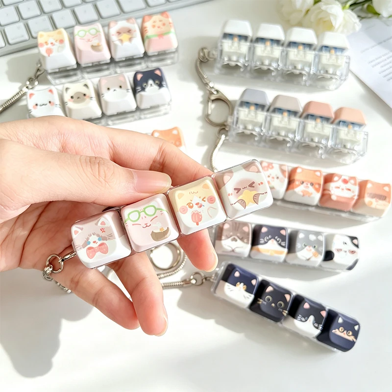 Cute Cat Relax Button Keycap, Kawaii Cat 4-Key Keyboard Fidget Toy Portable Fidget Mechanical Keyboard Keychain Bag Charm Gifts