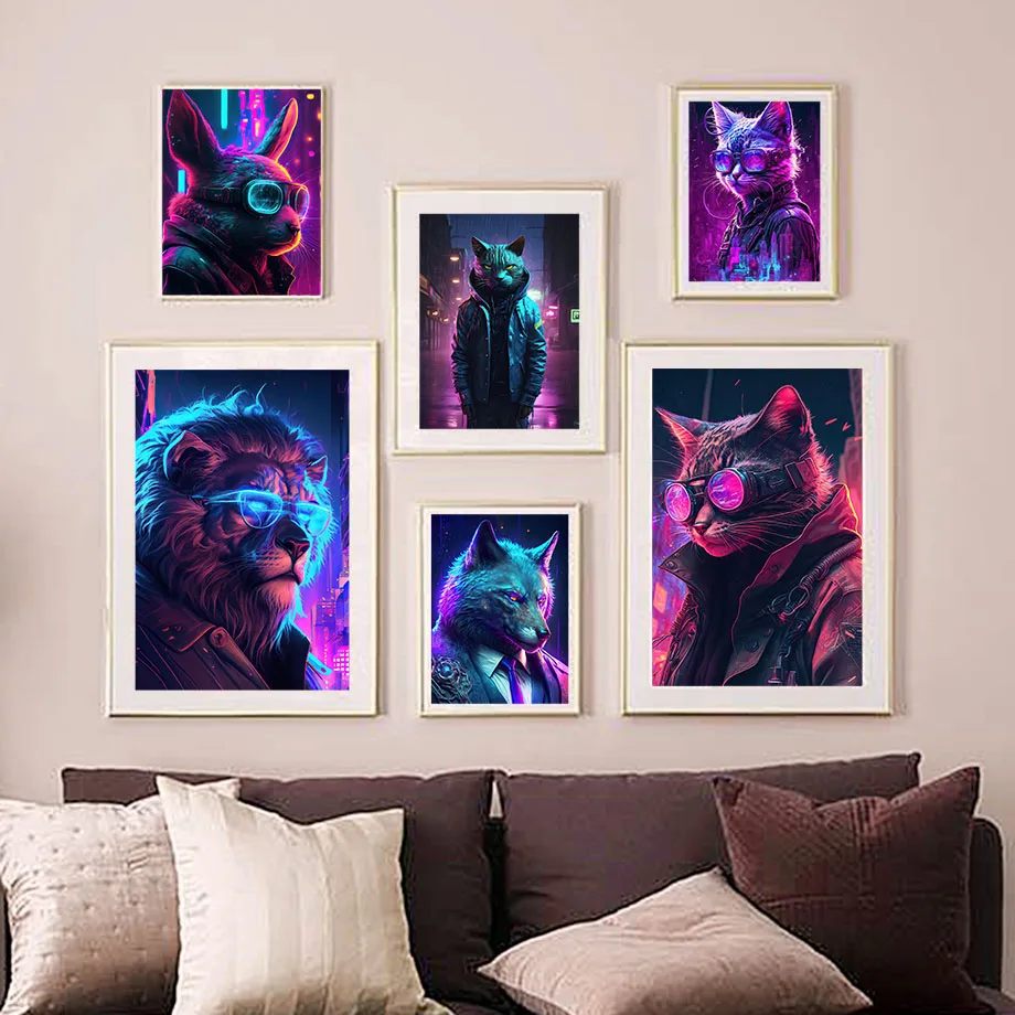 Cyberpunk Neon Light Future Animals Cat Dog Lion Fox Poster Nordic Wall Art Print Canvas Painting Pictures For Living Room Decor