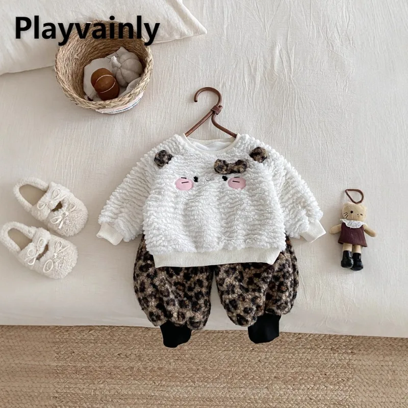 

Girls Fashion Sets 2025 New Autumn Winter Cute Cartoon Fleece Warm Sweatshirts+Leopard Print Plush Jogger Pants Kids Wear Z848