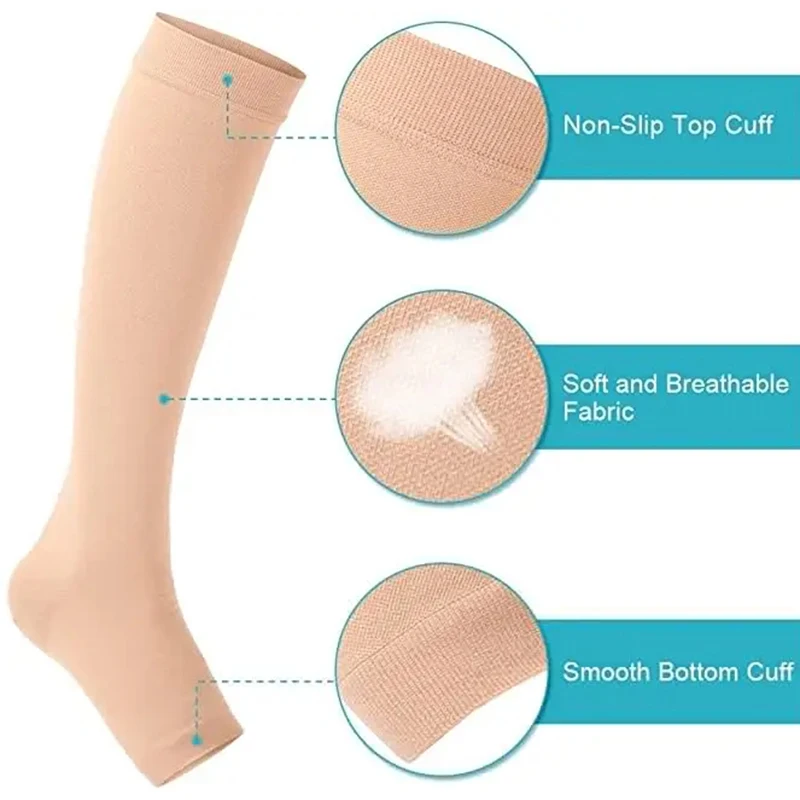 1 Pair Medical Compression Socks Varicose Veins Blood Circulation Anti Fatigue Exposed Toe Socks Pregnancy Care Long Socks S-XXL