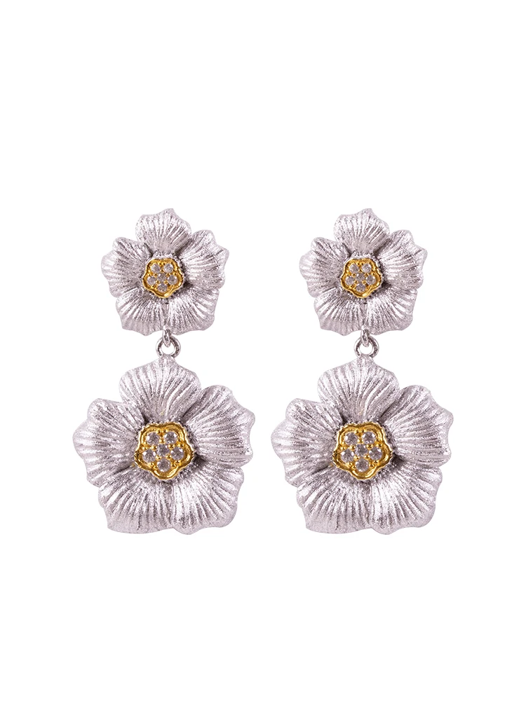 Cmajor S925 Sterling Silver Vintagte Luxury Brushed 5A CZ Cherry Blossom Earrings for Women