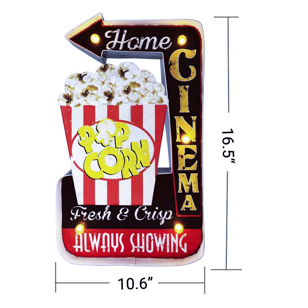 Popcorn Vintage Retro Tin Signs, Handmade Light Up Metal Sign, Popcorn led sign, for Home Theater Living Room Pub Wall Decor