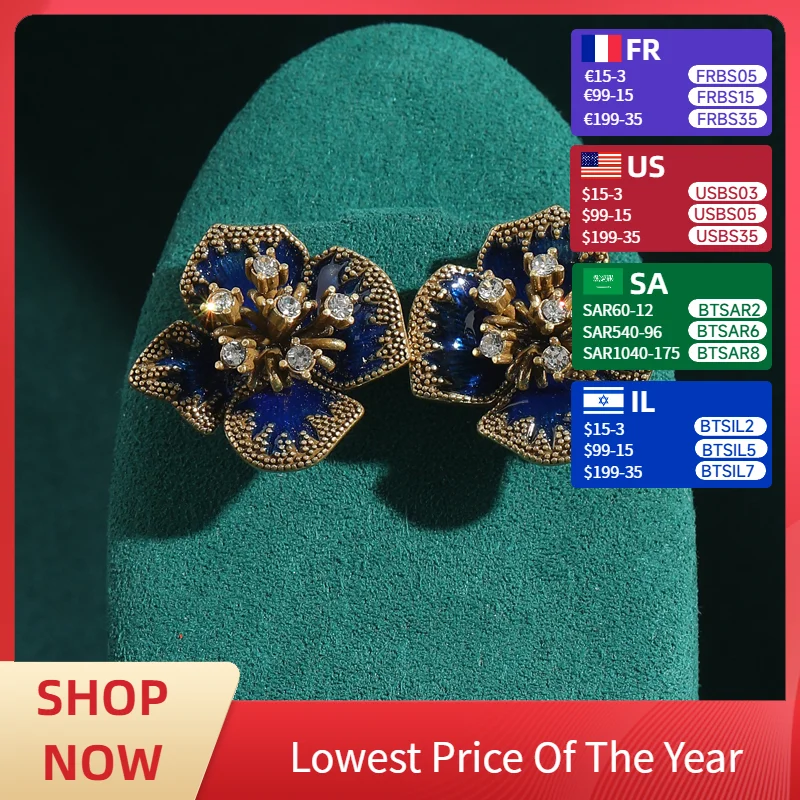 

Vintage Jewelry Big Blue Flower Earrings Stud Woman Cubic Zirconia Rhinestone Luxury Brands Designer Antique Quality Accessories