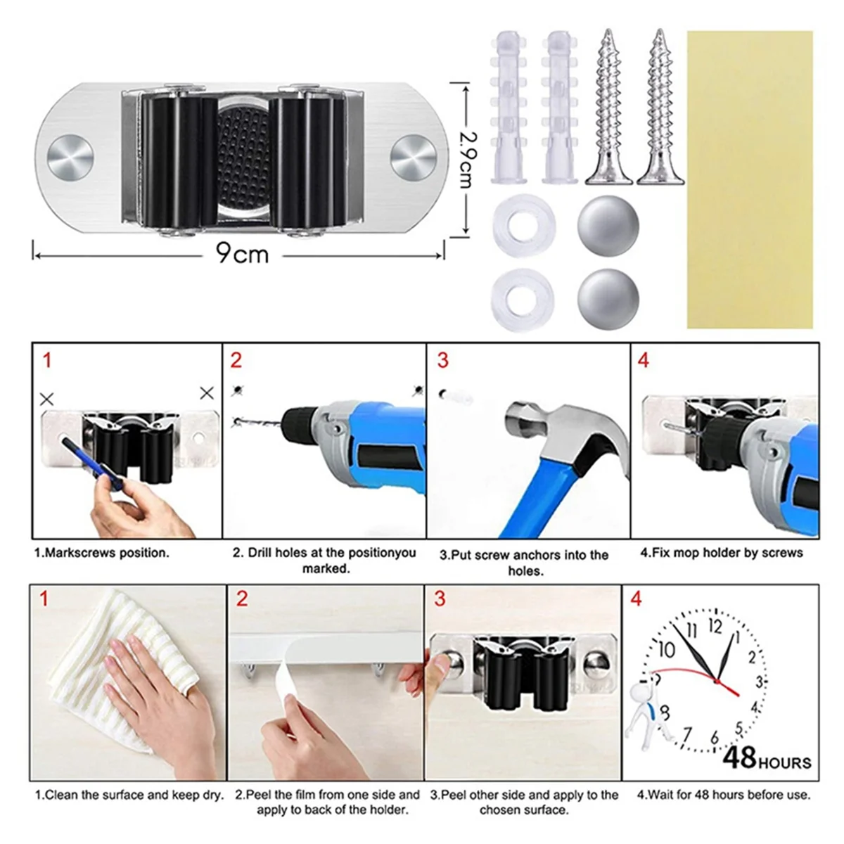 Mop and Broom Holder 4Pcs Mop and Broom Holder Wall Mount Heavy Duty Stainless Steel Broom Holder Broom Organizer Garden Garage - view 5