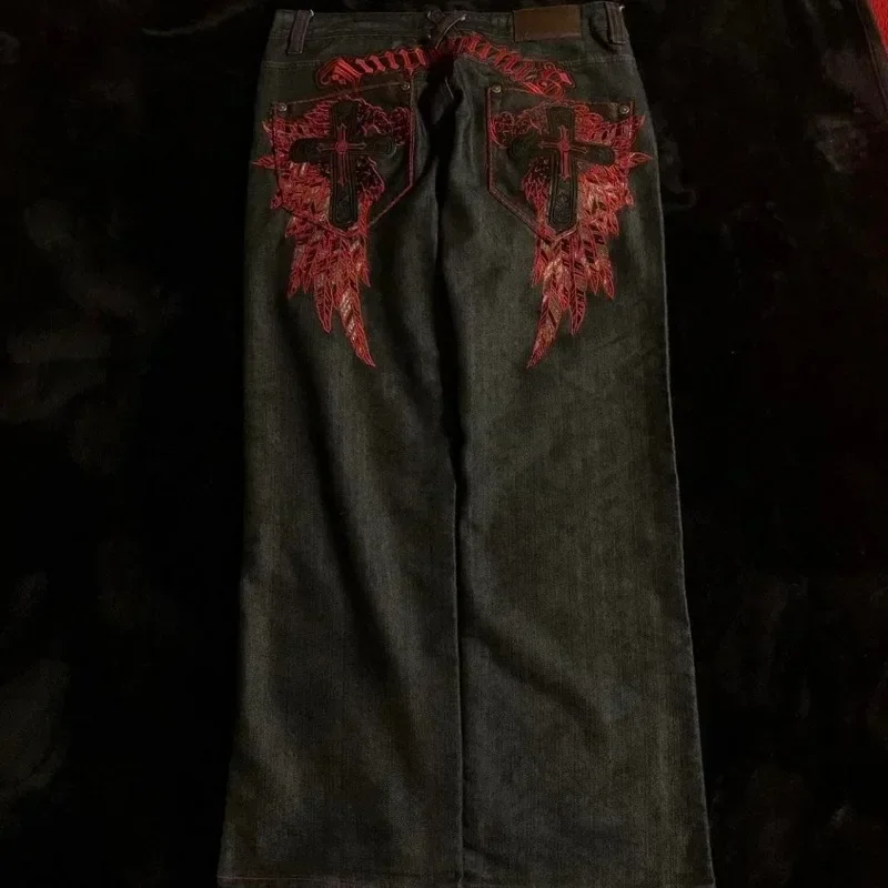 Jeans taille haute brodés gothiques pour hommes, pantalons décontractés, motif noir et rouge, rue rétro américaine, couple, Y2K