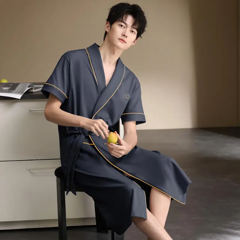 Cotton Men Sleepwear Kimono Gown Oversize All Season Nightwear Home Wear Lapel Casual Mid Length Home Clothes Lounge Wear