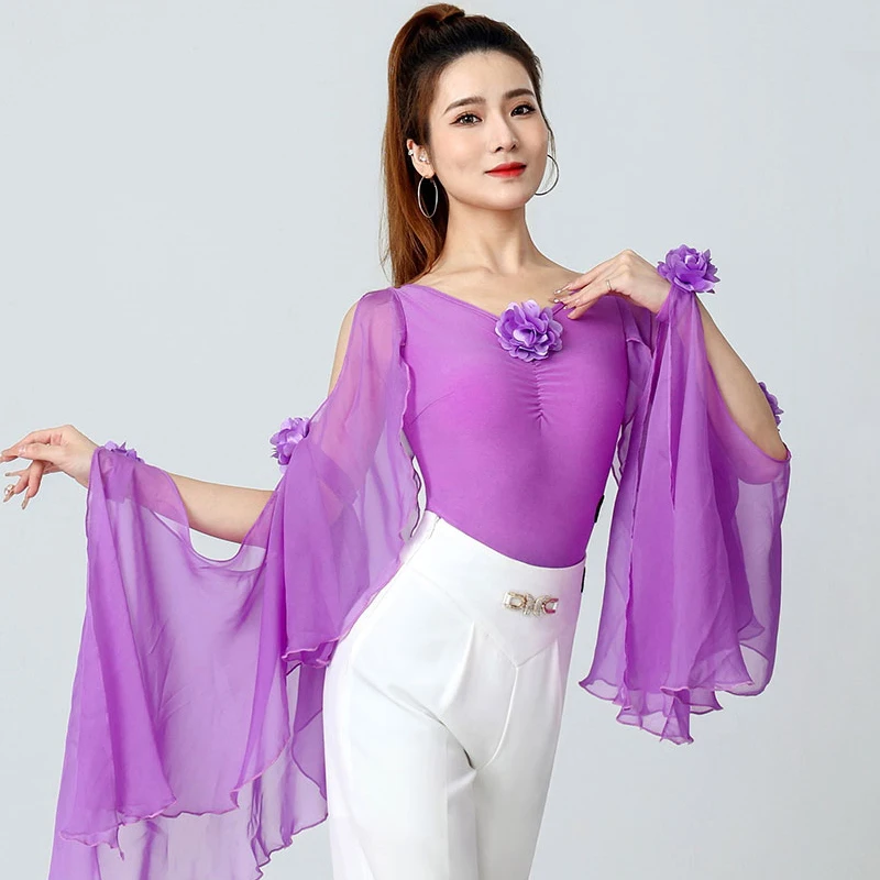 

2024 New Latin Dance Tops For Women Floating Sleeve Jumpsuit Chacha Rumba Tango Dress Adult Modern Dance Practice Wear DN18409