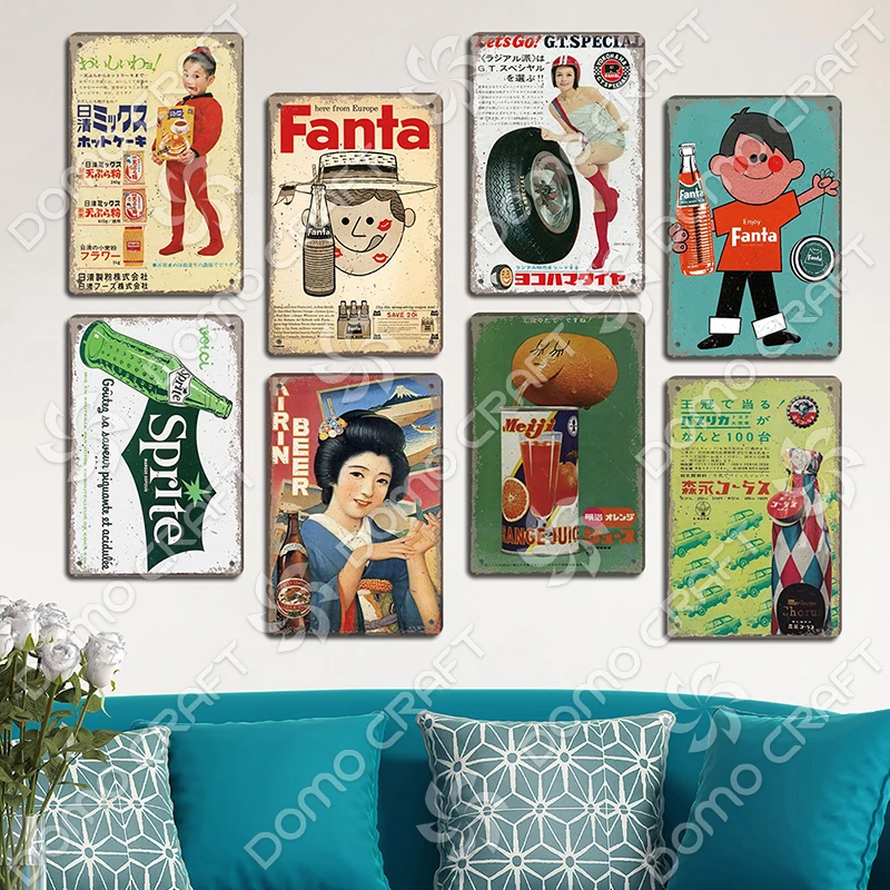 Cartel Retro japonés de bebidas y alimentos, carteles de hojalata, cerveza, zumo de naranja, refresco, placas de Metal, decoración de pared para