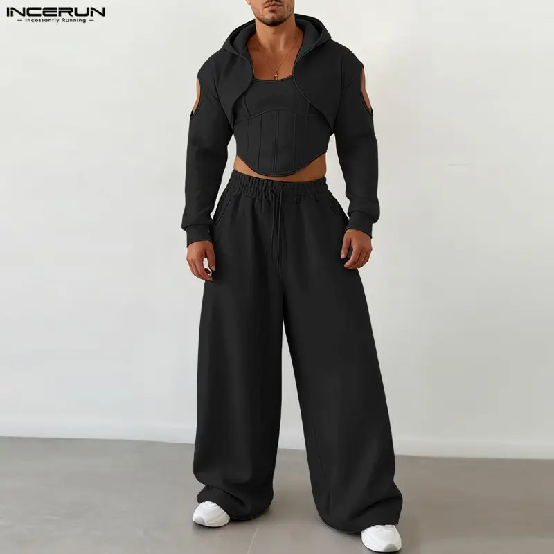 INCERUN Men Sets Solid Color Hooded Tank Tops Crop Sweatshirts & Pants Two Pieces Sets Streetwear Fashion Men Casual Suits S-5XL