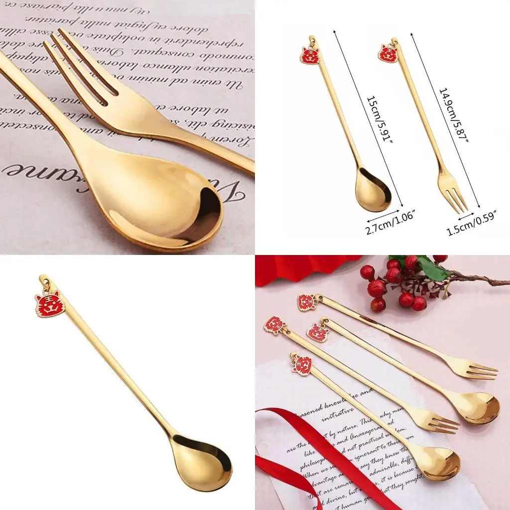 Cartoon Charm Stainless Steel Spoon Fork Chinese New Year Tableware Gift X3UC
