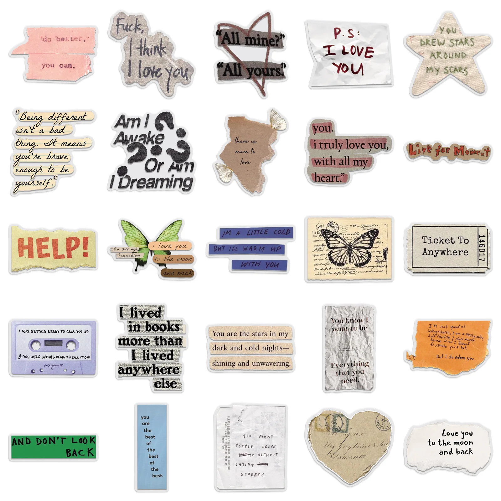 50-Pack English Fragment Stickers Waterproof Transparent PET Decor Stickers for Phone Laptop Fridge Student Stationery Notebook