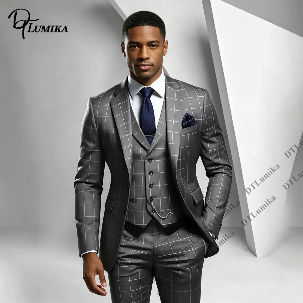 Men 3 Piece Plaid Suit Custom Size Windowpane Check Jacket Vest Pants Wedding Business Prom Banquet Formal Suit for Gentlemen