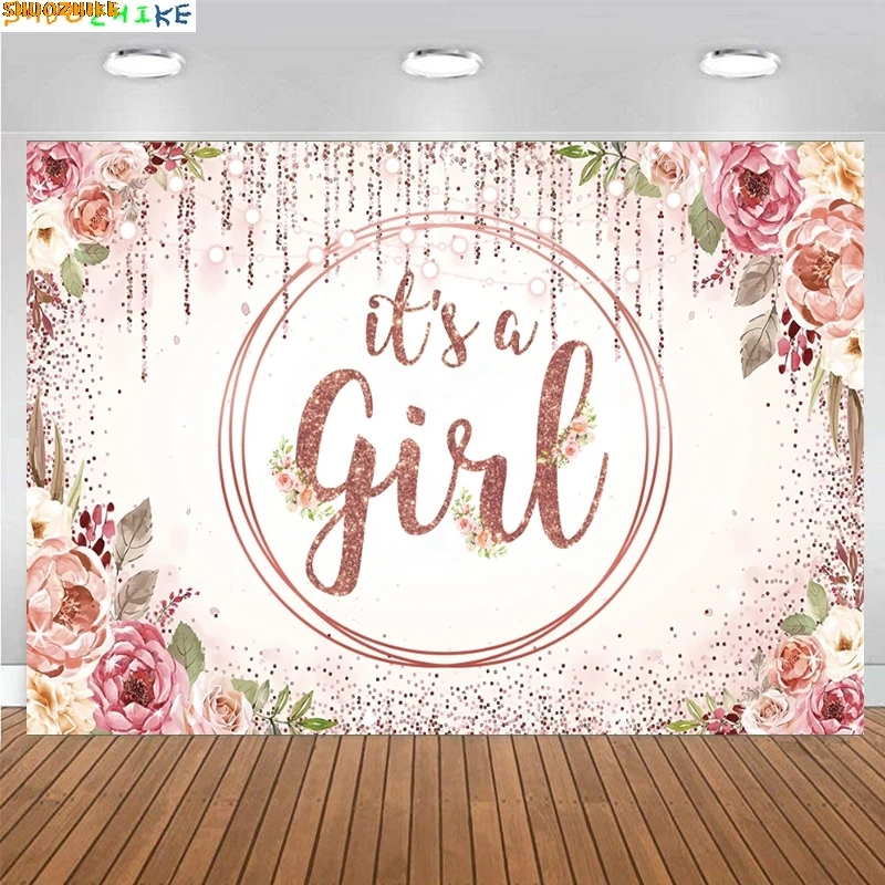 

Its a Girl Baby Shower Photography Backdrops Pink Flowers Gender Reveal Rose Gold Glitter Photo Background Props RL-01