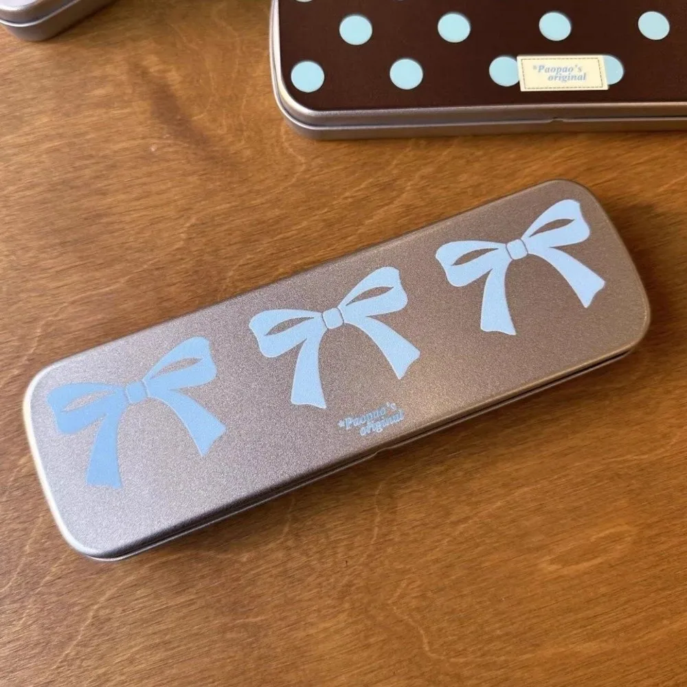 Polka Dot Pattern Metal Pencil Case Portable Long Rectangular Shape Washi Tape Storage Box Cartoon Pattern Vintage Style