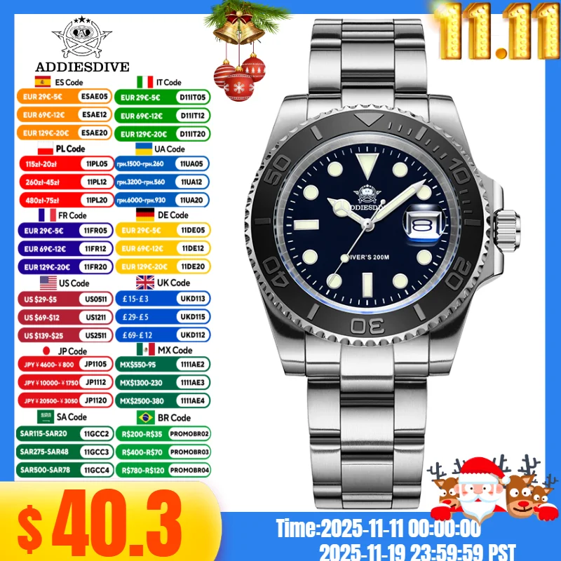

ADDIESDIVE Men Watches 200m Waterproof BGW9 Super Luminous Reloj Hombre Stainless Diving watches Relogios masculino
