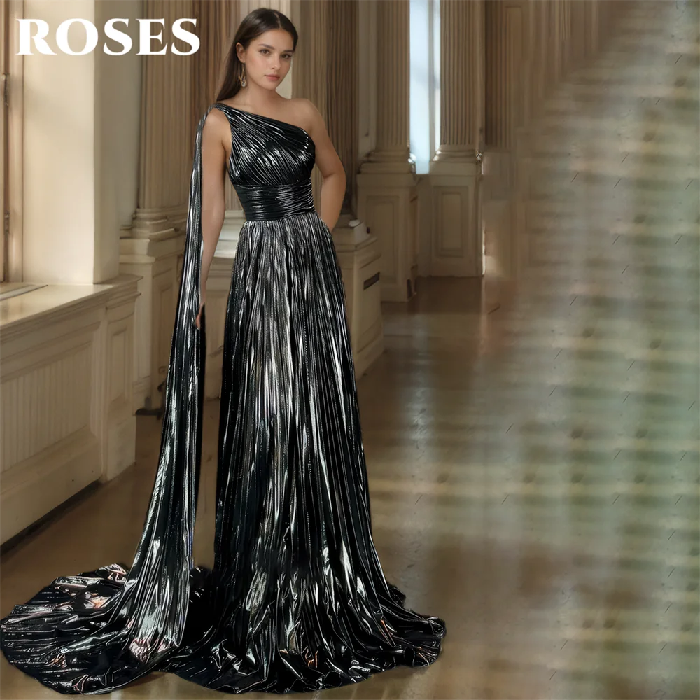 

ROSES Black Evening Dress One Shoulder Metallic Pleated Prom Dress Sleeveless Party Formal Gown robe de bal for Woman Customized