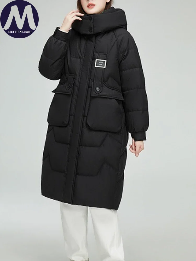 Damska kurtka zimowa 2025 elegancka z długim rękawem, kapturem, gruba, ocieplana bawełną, moda koreańska, luźna, ciepła parka