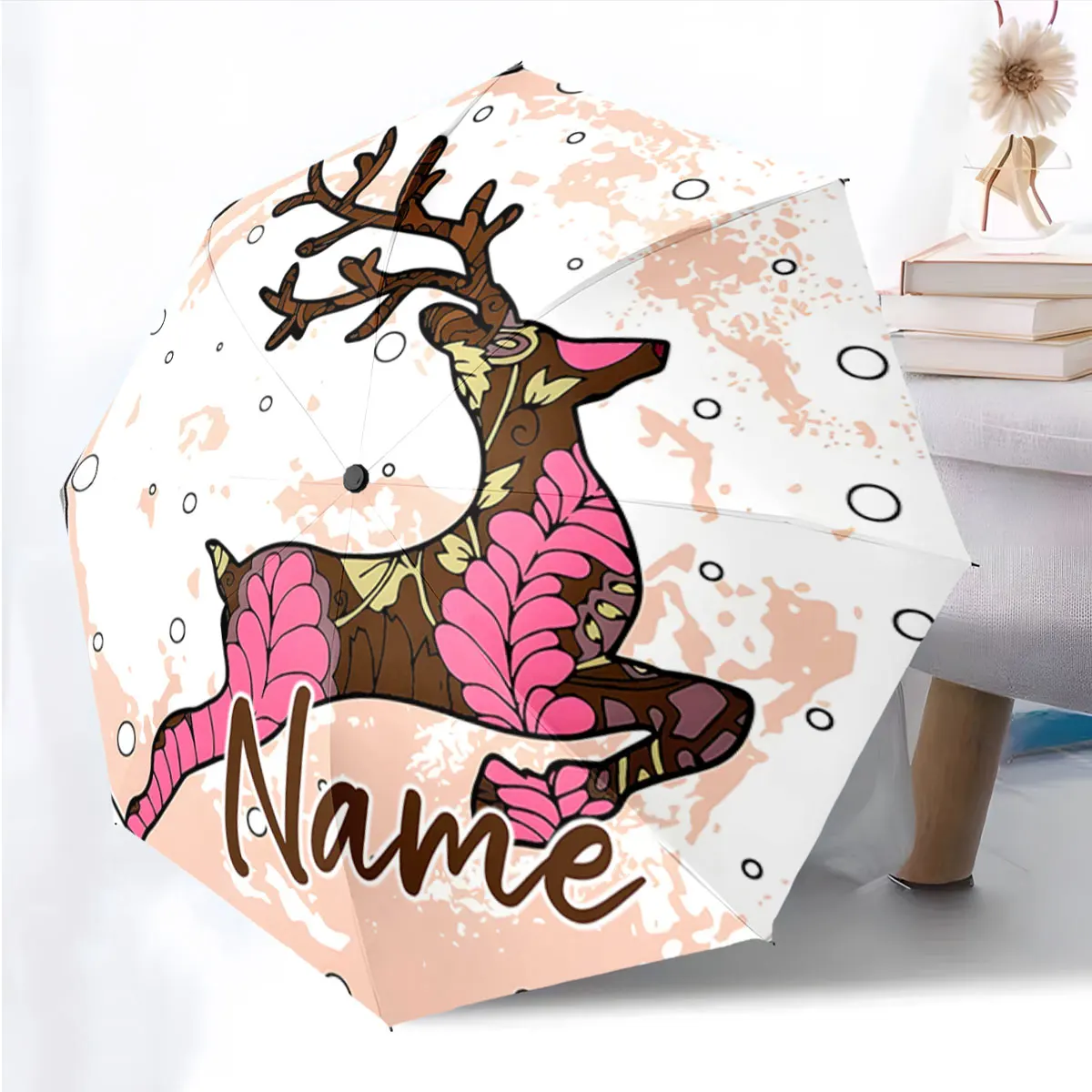 Custom Name Rustic Deer Pattern Umbrella Personalized Design Print 8 Iron Ribs Folding Umbrella, Auto-Open Fashion Sunshade
