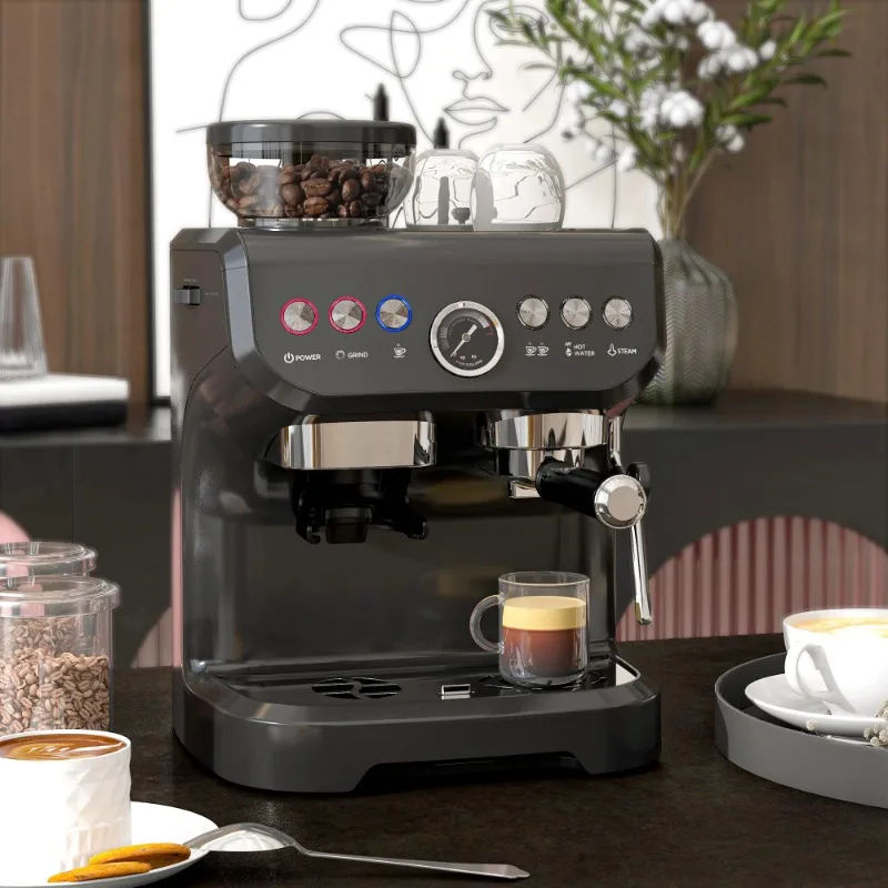 HOMCOM Espresso Machine, Bean Grinder & Steam Wand, 15 Bar Pressure