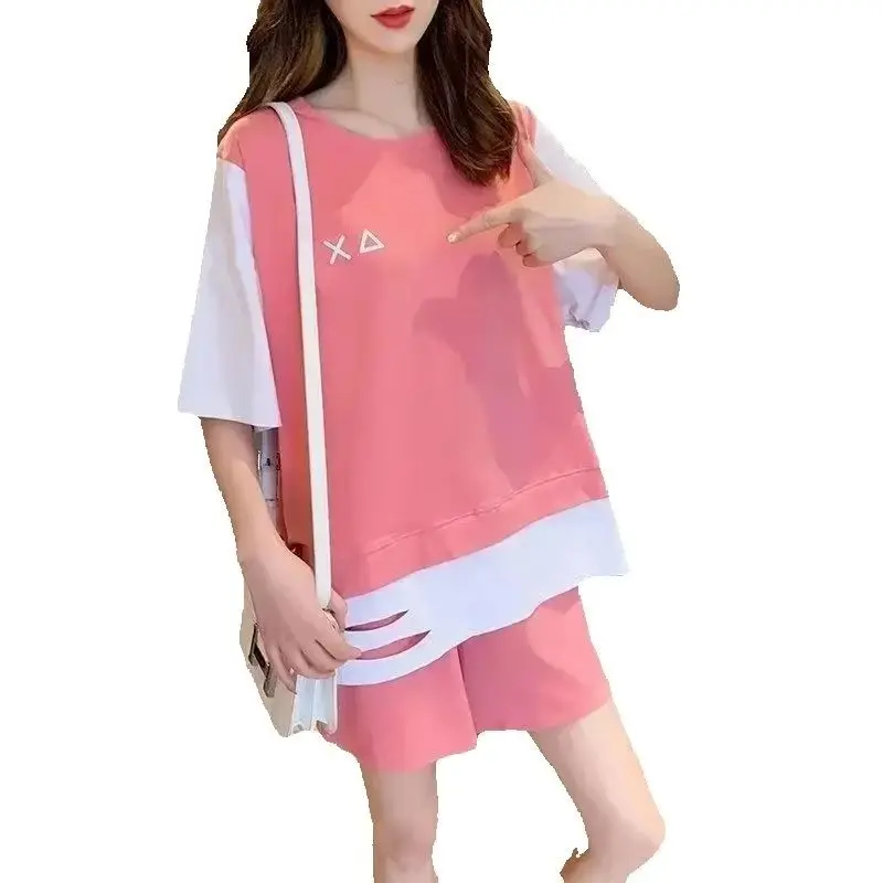 Feminino casual plus size 2 terno esportivo de duas peças verão nova camiseta solta colheita topos e shorts conjunto estudante ativo wear roupas