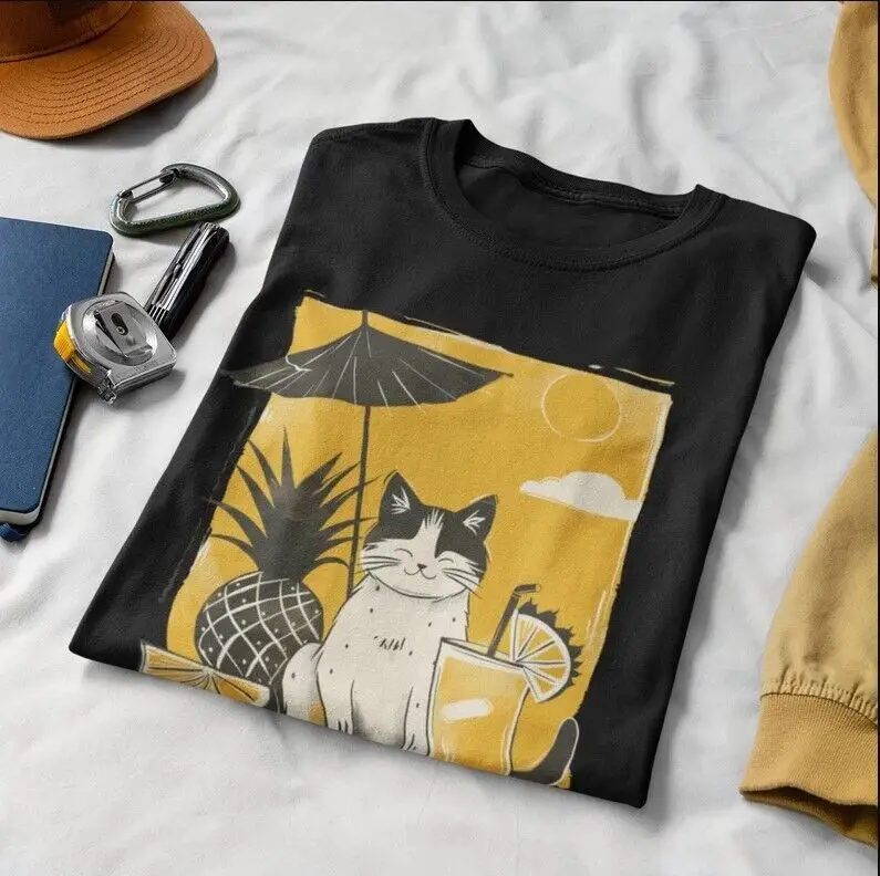 Pina Colada Cat Shirt Cocktail Minimalistic Line Art Design Party Shirt