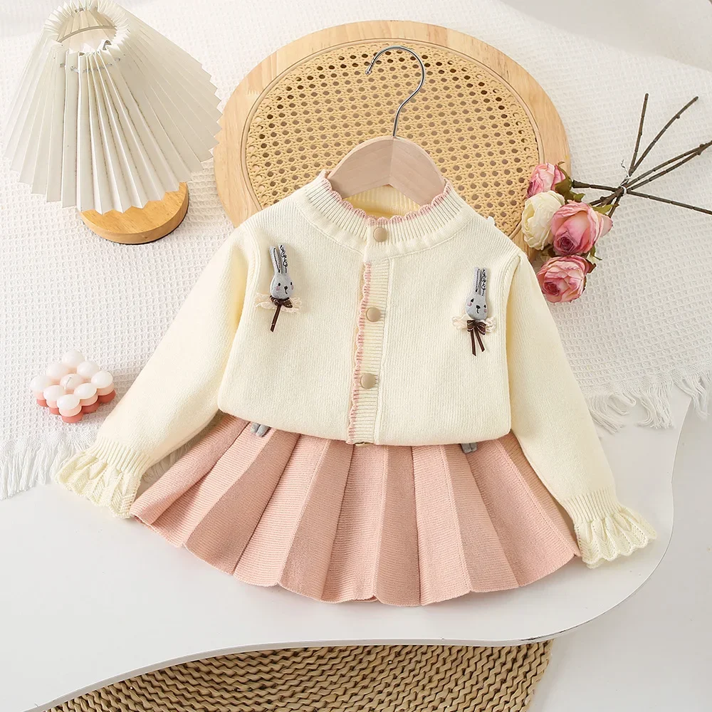 2-7Y Autumn Girls Clothing Set Knit Bunny Cardigans Pleated Skirt 2Pcs Knit Suit Girls Sweater Knit Outerwear