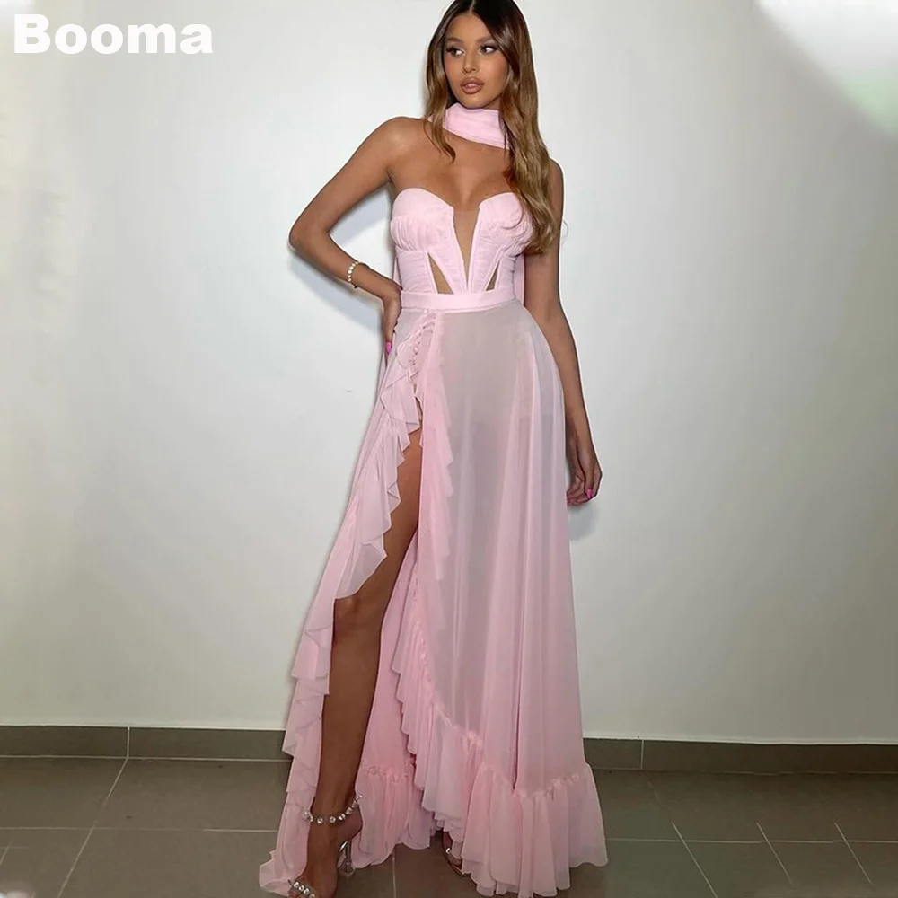 

Booma Sexy Pink Chiffon A-Line Prom Dresses Sweetheart Ruffles Special Occasion Dress for Events High Side Slit Party Gowns