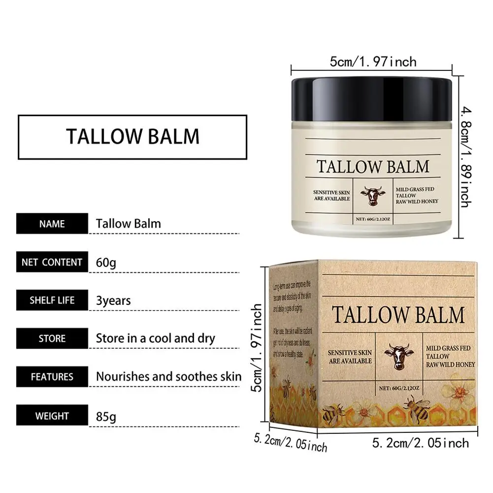 60g Handgeslagen Tallow Hydraterende Crème Biologisch Grasgevoed Tallow Diep Hydraterende Voedende Pre-make-up Anti-stick Poeder