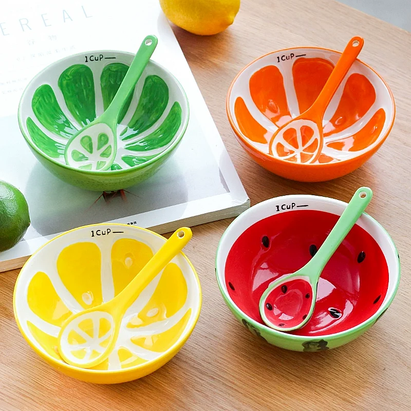 

Ceramic Creative Fruit Bowl, Cute Household Tableware, Hand Painted Watermelon Bowl, Strawberry Orange Bowl, Ceramic Bowl Spoon