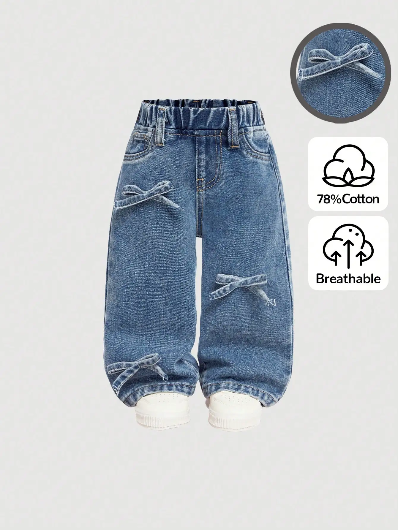 

Синие джинсовые брюки с широкими штанинами и бантом для маленьких девочек, эластичная талия