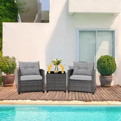 3 Pieces Rattan Sofa Set, Outdoor Conversation Set with Tempered Glass Tabletop, Heavy-Duty Steel Frame, Wicker Chair Set