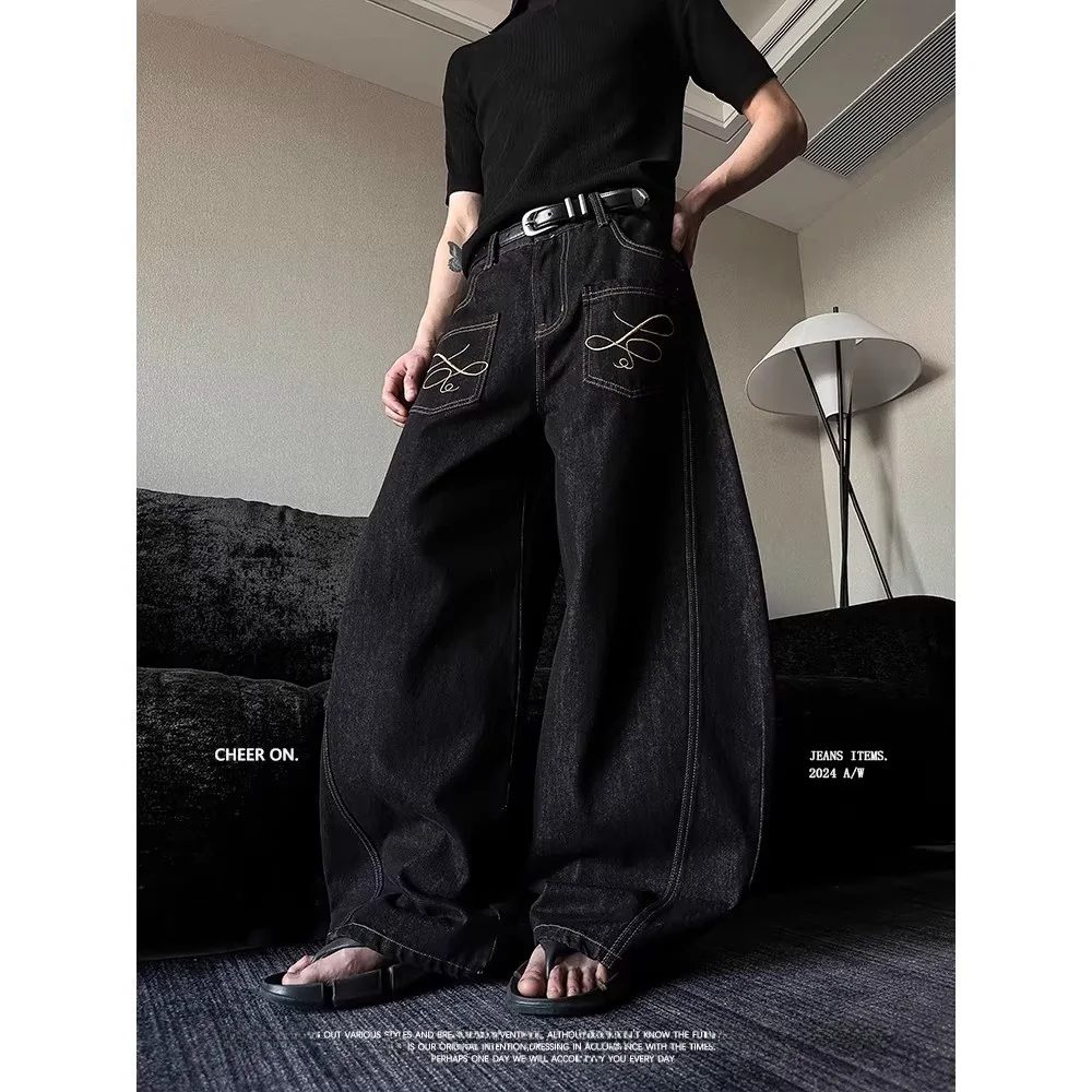 

Мужские джинсы в стиле ретро с вышивкой, свободные повседневные широкие брюки, модные брендовые, с высокой талией, из полиэфирного волокна