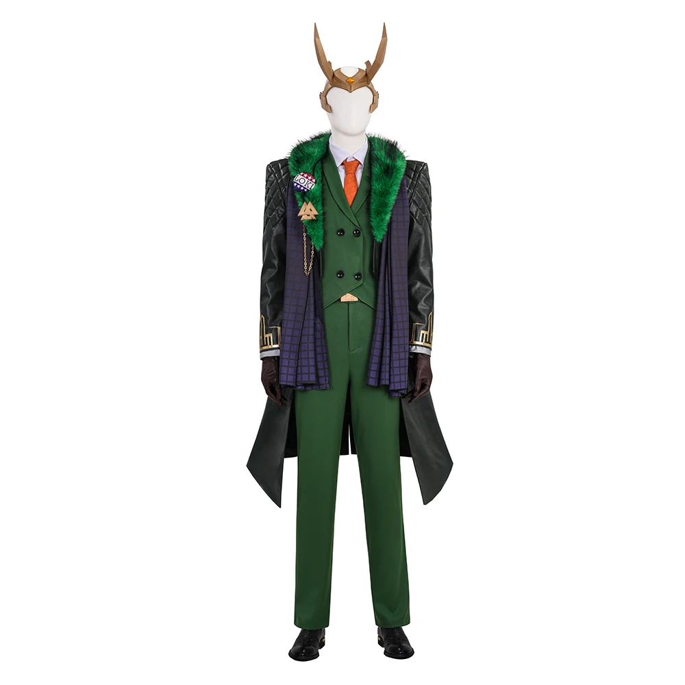 

Mens Loki Cosplay Costume Uniform Suit President Loki Coat Shirt Pants Tie Belt Headwear Outfits Green Halloween Suit