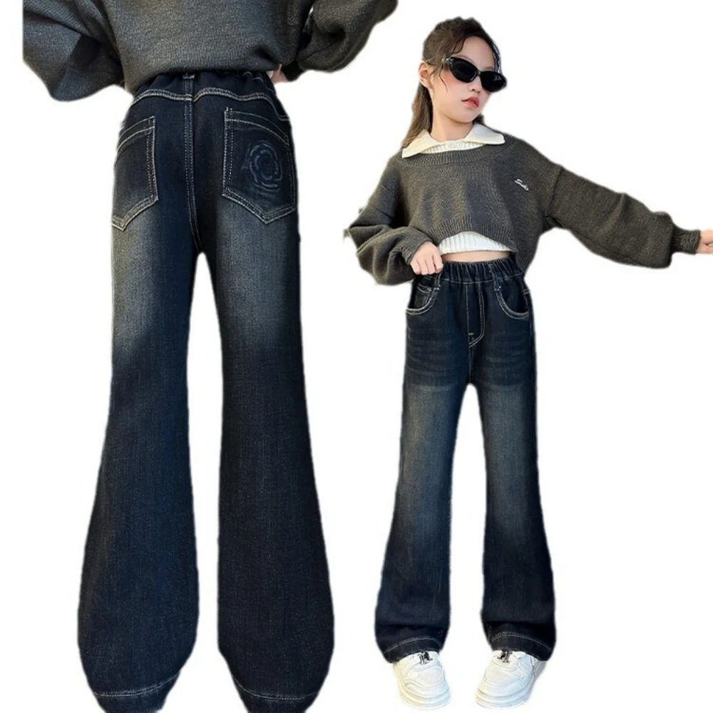 Girls' 2024 Fall New Style Embroidered Back Pocket Slimming Straight-Leg High-Waisted Blue-Gray Flared Denim Trousers.