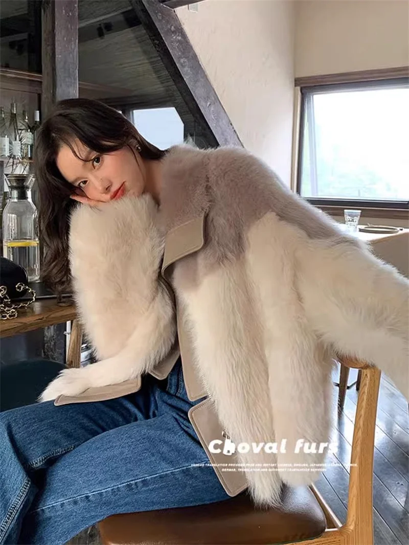 High end Autumn Winter 2024 Color Blocking age Reducing fur All-in-one Jacket Trendy Fashionable Soft Lazy fur top for Women WLF